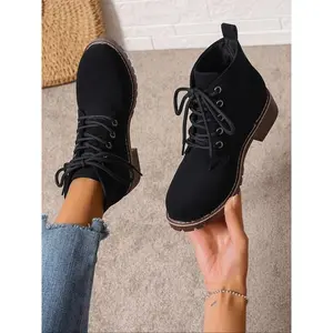 Women's British Style Mid-Calf Motorcycle Boots, Waterproof Leather Lace-Up Design, Perfect for Autumn Winter Outdoor Streetwear