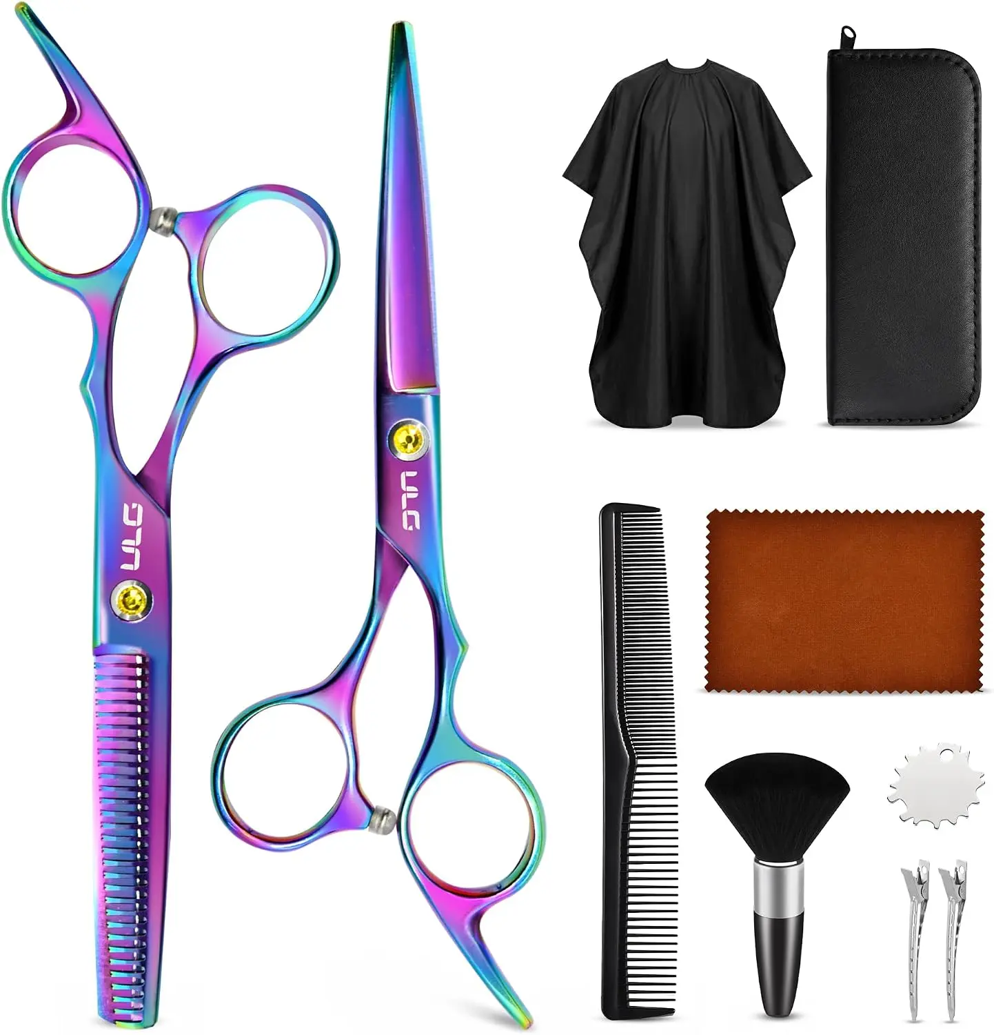 ULG 10-Piece Hair Cutting Scissors & Thinning Shears Kit with Cape (RB) – Japanese Stainless Steel, Adjustable Offset Handle, Smooth Cut, Haircare Storage, Safe Family Home Styling Tool