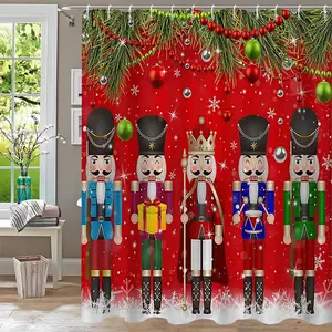 The Nutcracker Red Gold Soldier Column Shower Curtain is perfect for bathroom decoration, partitions, beautifying spaces, polyester durable material, easy to clean, machine washable, multiple sizes to choose from, and shower curtain hooks