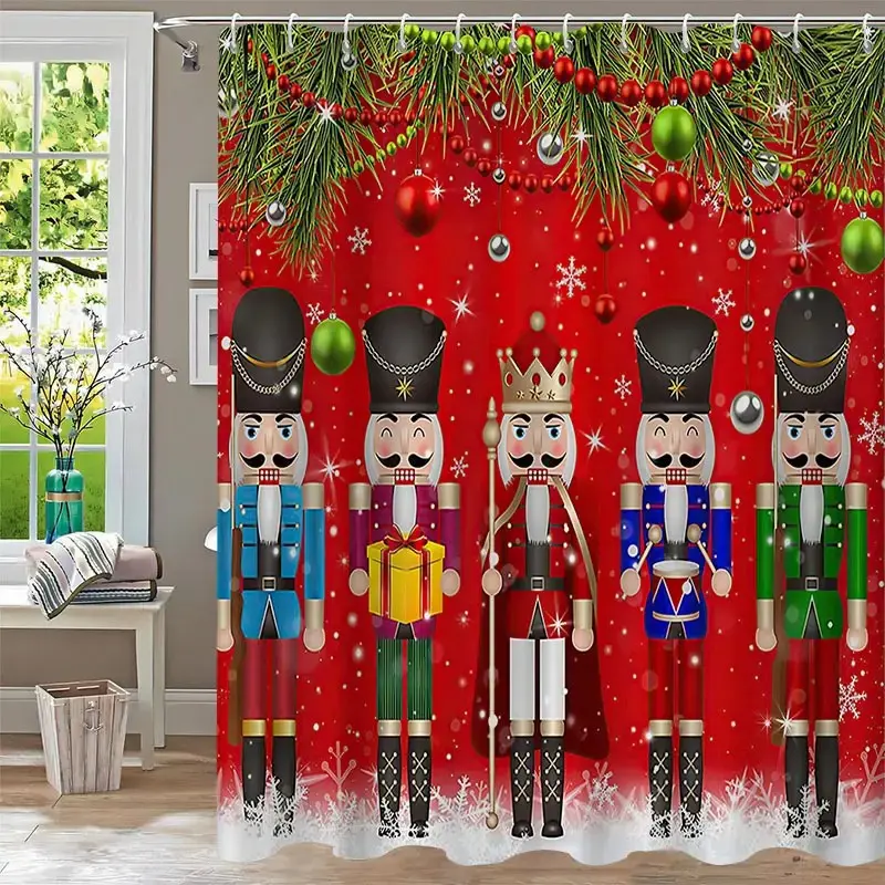 The Nutcracker Red Gold Soldier Column Shower Curtain is perfect for bathroom decoration, partitions, beautifying spaces, polyester durable material, easy to clean, machine washable, multiple sizes to choose from, and shower curtain hooks