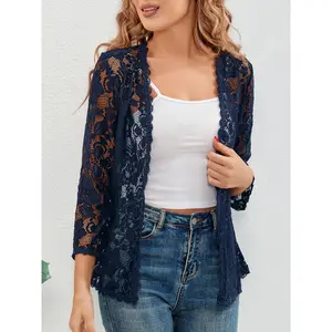 Floral Pattern Open Front Lace Cardigan, Elegant 3/4 Sleeve Sheer Cardigan - Women's Clothing - For Women - Perfect for Spring/Summer -  Suitable for Casual & Formal Occasions - Great Gift for Her