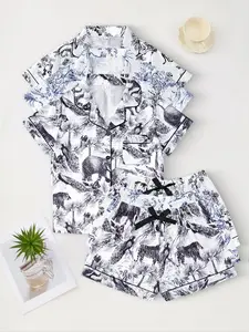 African Animal Print Pajama Set, Fitted Casual Sleepwear with Button Front Shirt & Elastic Waist Shorts, 3-Piece Home Comfort Ensemble