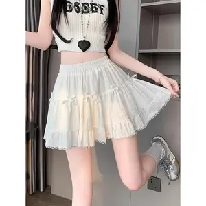 White Lace Cake Skirt, Women's Summer Lace Patchwork Skirt with Lace Trim, Three-Dimensional Bow, High-Waisted Puffy A-Line Skirt for Women