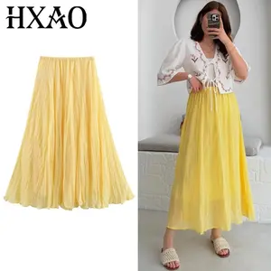 HXAO 2025 Woman Yellow Pleated Skirt Women's Skirt Summer Midi Pleated Long Skirt Ruffled High Waist Skirts Korean Style Skirts