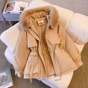 Fleece Lined Fur Hood Down Jacket Women Winter Warm Drawstring Zipper Padded Parkas Casual Cotton Coats Puffer Outears Womenswear Tops Black Fitted Long Sleeve Basic Minimalist Outerwear
