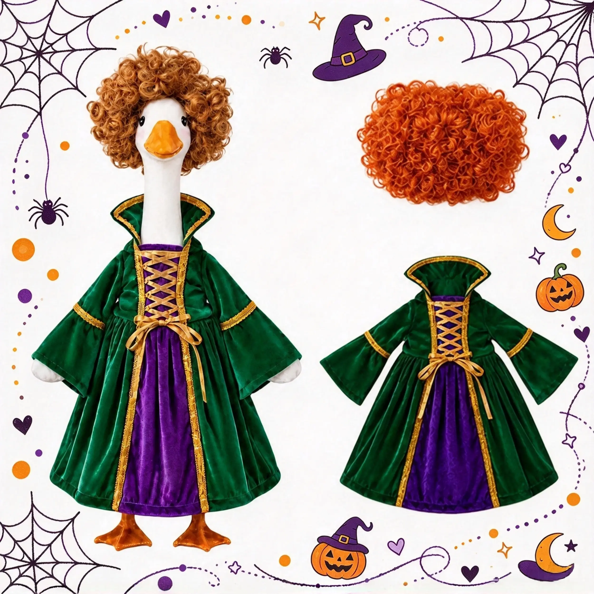 21-25 in Porch Goose Halloween Costume - Witch-Style Velvet Robe with Curly Wig, Festive Decorative Outfit (Goose Statue Not Included)