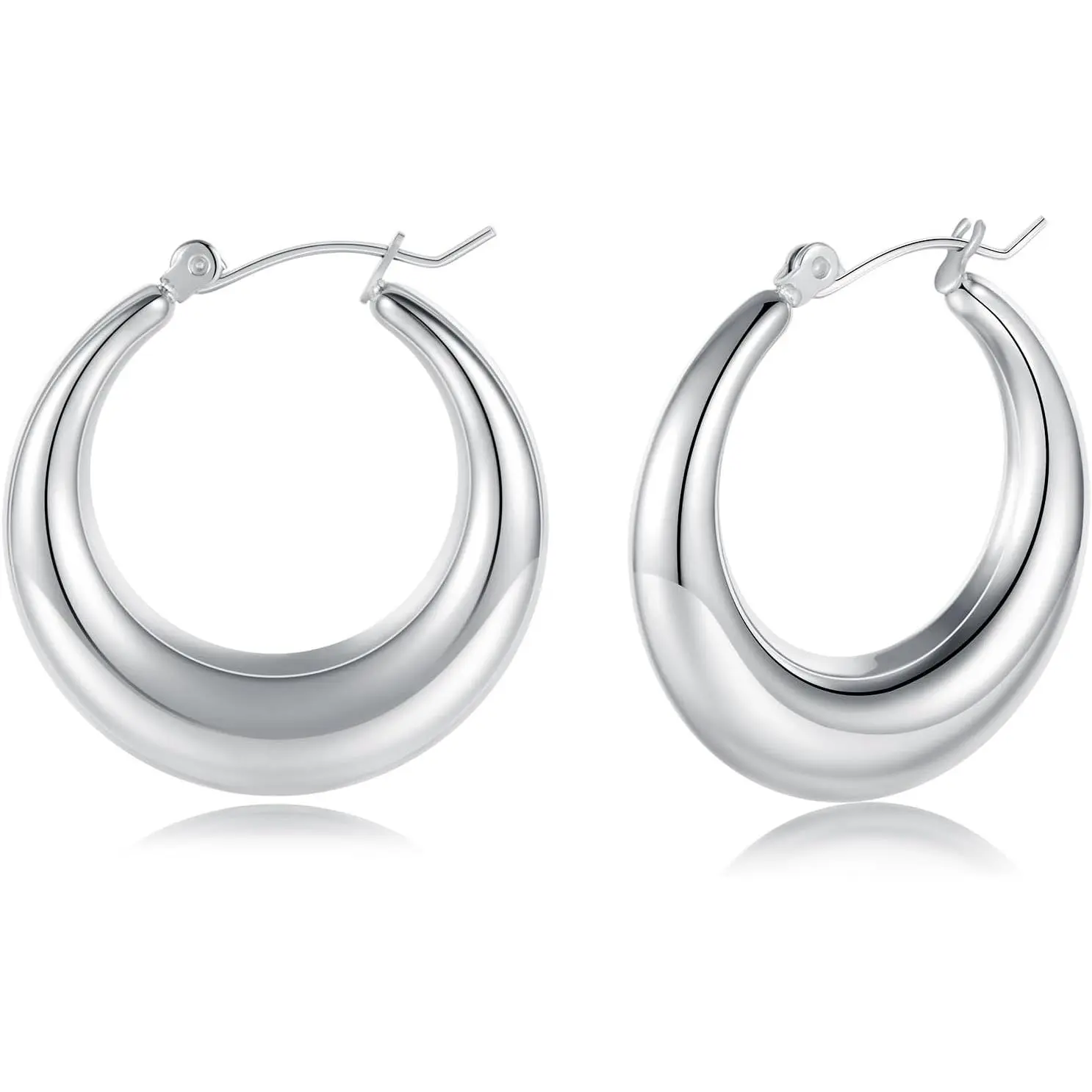 MDFUN Women's 316L Thick Stainless Steel Bold Statement Earrings, Low-Allergenic White Gold-Plated Lightweight Hollow Open Chunky Huggie Tube Earrings, Chunky Huggie Earrings