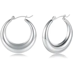 MDFUN 316L Thick Stainless Steel Hoop Earrings, Fashion Lightweight Hollow Open Hoops, Low Allergenic White Gold Plated Tube Earrings for Women