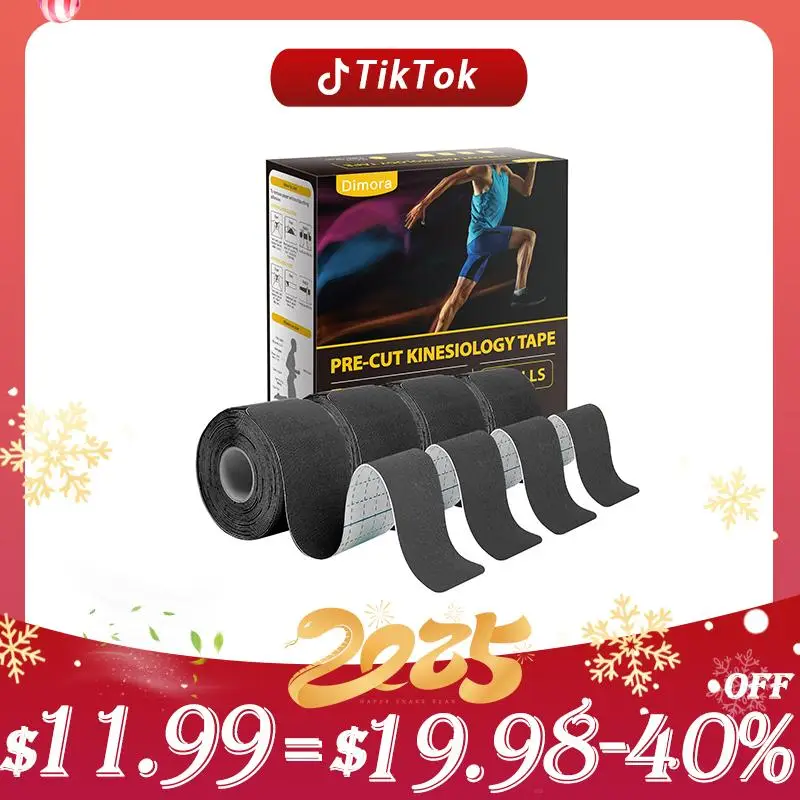 Dimora Kinesiology Tape 4 Rolls - Elastic Cotton Athletic Tape, 16.4 ft, 80 pre-cut tapes for muscle pain relief. Pair with KT tape, kinesiology tape,