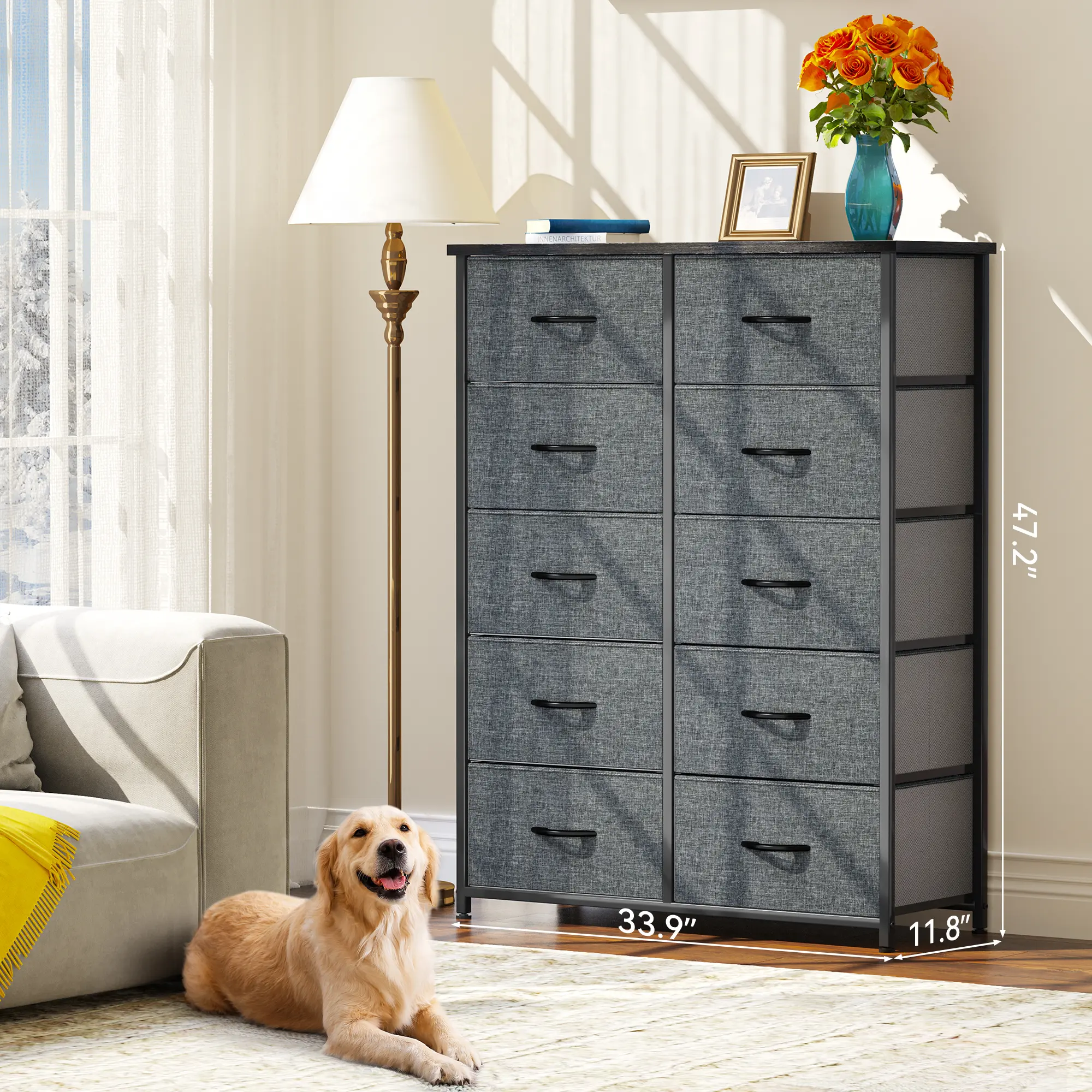 YITAHOME 10 Drawer Dresser - Fabric Storage Tower, Organizer Unit for Bedroom, Living Room, Hallway, Closets - Sturdy Steel Frame, Wooden Top & Easy Pull Fabric Bins