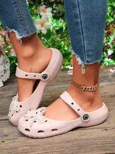 Cute Bow Flower Decor Mary Jane Holes Shoes for Women, Anti-Slip Casual Sandals, Comfortable and Stylish Footwear