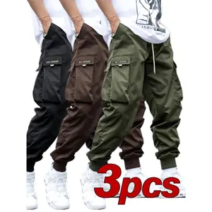 Men's Casual Letter Pattern Cargo Pants Set of 3, Mid-Rise Woven Fabric Trousers with Drawstring Waist, Belt Loop, and Pockets for Hiking & Outdoor Activities Menswear Polyester Beige Musical