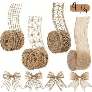4 Rolls Of Natural Hemp Rope Mesh Ribbon -1.97 Inches Wide, Woven Ribbon For DIY Handicrafts, Wedding Decorations, And Home Decor, With Earth Colored Beige Texture Pattern, Suitable For Holiday Parties And Gift Wrapping, Handmade Material