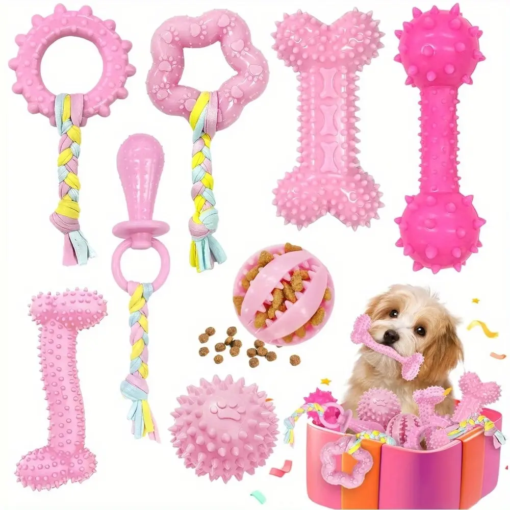 Small Girl Dog Puppy Teething Chew/Bone Toys - 8-Pack Soft Durable Rubber Toys with Molar Bumps, Interactive Rope Balls, Treat Holder, Teeth Cleaner, Gum Massage, Boredom Relief, Improve Concentration (Not for Aggressive Chewers)