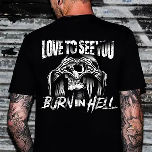 LOVE TO SEE YOU BURNIN HELL Finger Heart Skeleton Print Men's T-shirt, Top Menswear Cotton Tee Shirt, Unisex Fashion, Soft Fabric, Short Sleeve, Regular Fit, Casual Streetwear