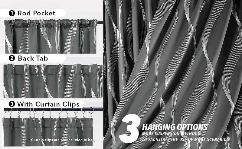 Blackout Curtains 2 panels, Deconovo Blackout Back Tab Silver Curved Wave Pattern Printed  Window Curtains for Living Room curtain