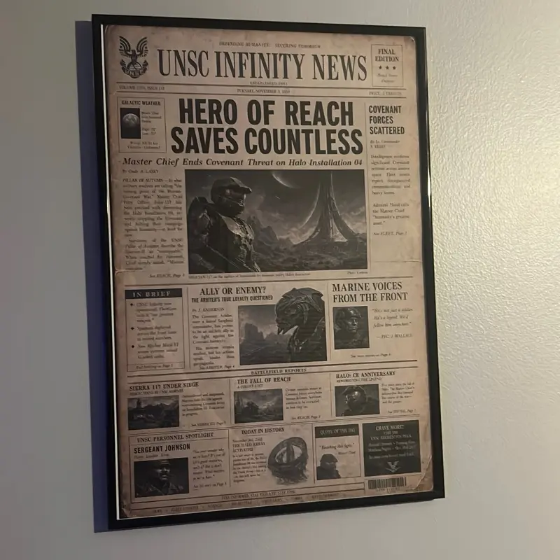 Halo Master Chief UNSC Infinity Vintage Newspaper Print Poster, 13x19 in Sci-fi Military Retro Aesthetic, 200 gsm Matte Graphic Print, Home Wall Decor with Home Inspo, Gift for Fans