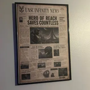 Halo Master Chief UNSC Infinity Vintage Newspaper Print Poster, 13x19 in Sci-fi Military Retro Aesthetic, 200 gsm Matte Graphic Print, Home Wall Decor, Room Decoration, Gift for Fans