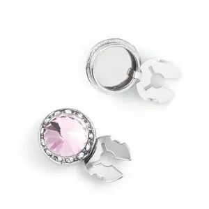 Men's Silver/Violet Button Cover Cuff-Link With Crystal Stud Centered Surrounded By Crystal Studs