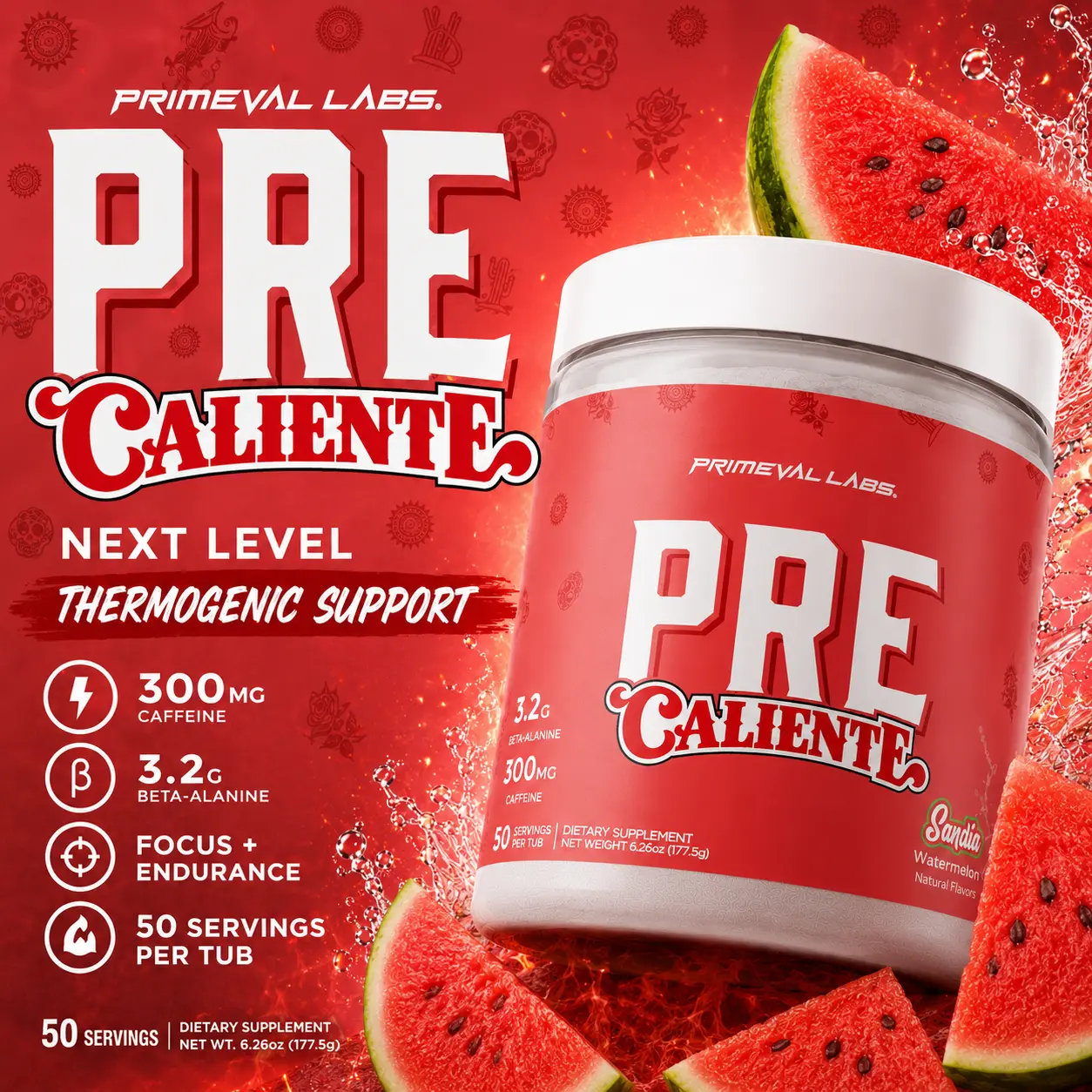Primeval Labs PRE Caliente Pre-Workout Powder | 300mg Caffeine | 3.2g Beta-Alanine | Thermogenic Support | 50 Servings