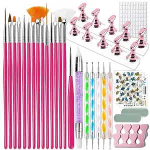 15 Nail Art Brushes 6 Dotting Tools 3 Stickers 2 Buffers 2 Toe Separators with Nail Stand Holder Pink Nail Art Tools Set for Beginners & Nail Techs Complete Supplies Kit
