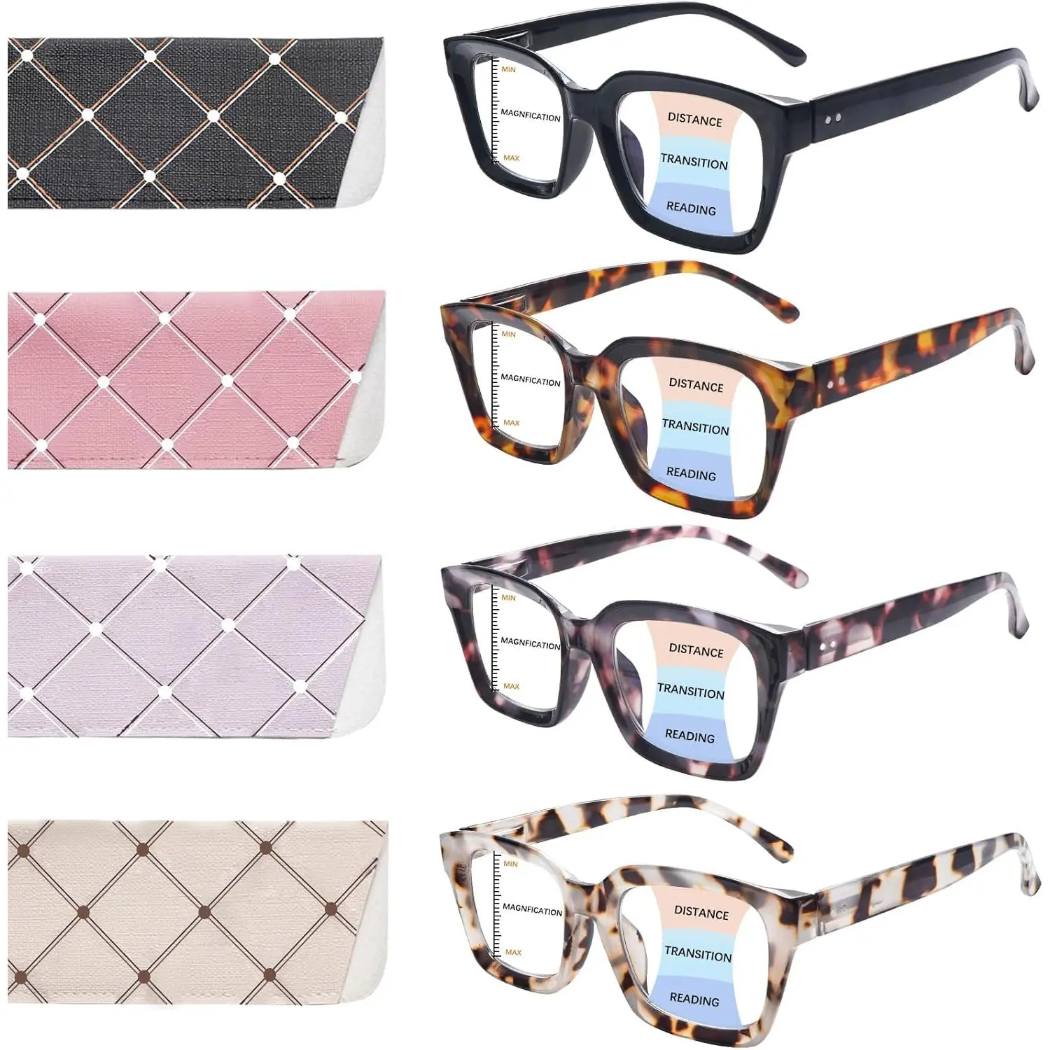 Women's 4-Pack High-Quality Oprah-Style Progressive Multifocus Eyewear - UV-Blocking Blue Light Readers for PC, Lightweight Fashion Eyewear Accessories