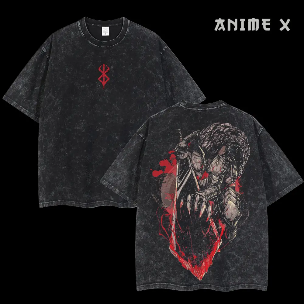 Retro Vintage Limited Black Swordsman "Guts" - Berserk Anime Double Printed Oversized Washed Tee Unisex Oversize Anime Manga Acid Washed Lightweight Cotton T-Shirt, Hoodies & Sweater Wash Gift For Anime Fan, Anime Lover