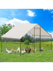 Large Metal Walk-In Chicken Coop Enclosure, Silver-S Poultry House with Waterproof & Anti-Ultraviolet Cover for Outdoor Farm Use