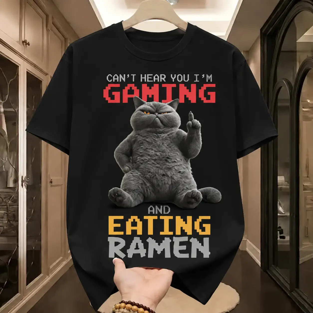 Unisex 100% Cotton Funny Gamer Cat T-Shirt, Can’t Hear You I’m Gaming And Eating Ramen Pixel Graphic Crew Neck Tee, Humor Gaming Noodle Lover Casual Top Gift For Gamers & Cat Lovers