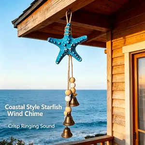 Sea Star Wind Chime with Bell, Blue Sea Star, Wooden Beads, Vintage Metal Bell, Ocean Theme Hanging Decor, Summer, Beach, Mediterranean, Bohemian Style