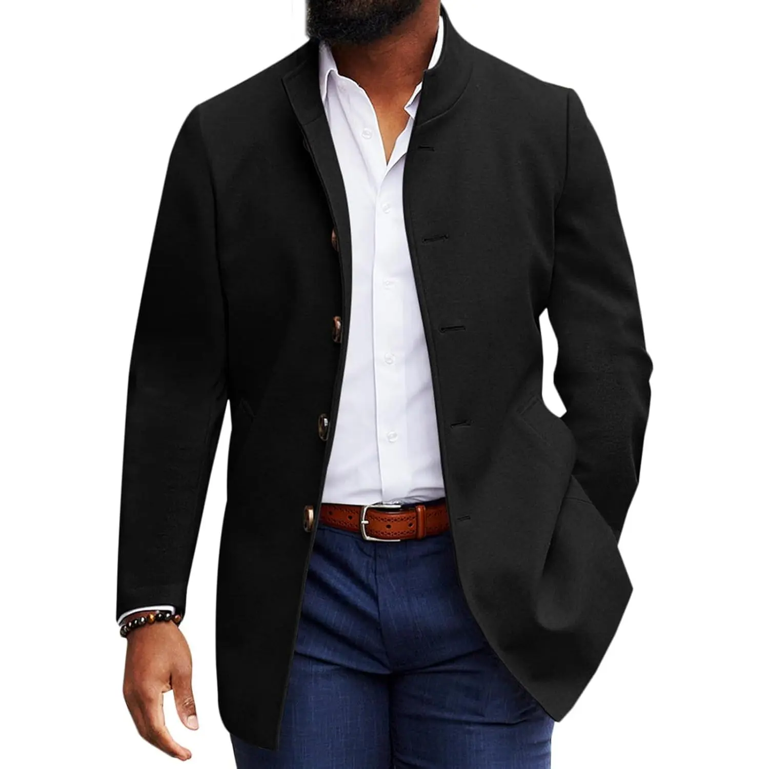 PASLTER Menswear Single-Breasted Stand Collar Tweed Peacoat - Mens Casual Winter Warm Jackets, Business Coat Blazer, Black Overgarment