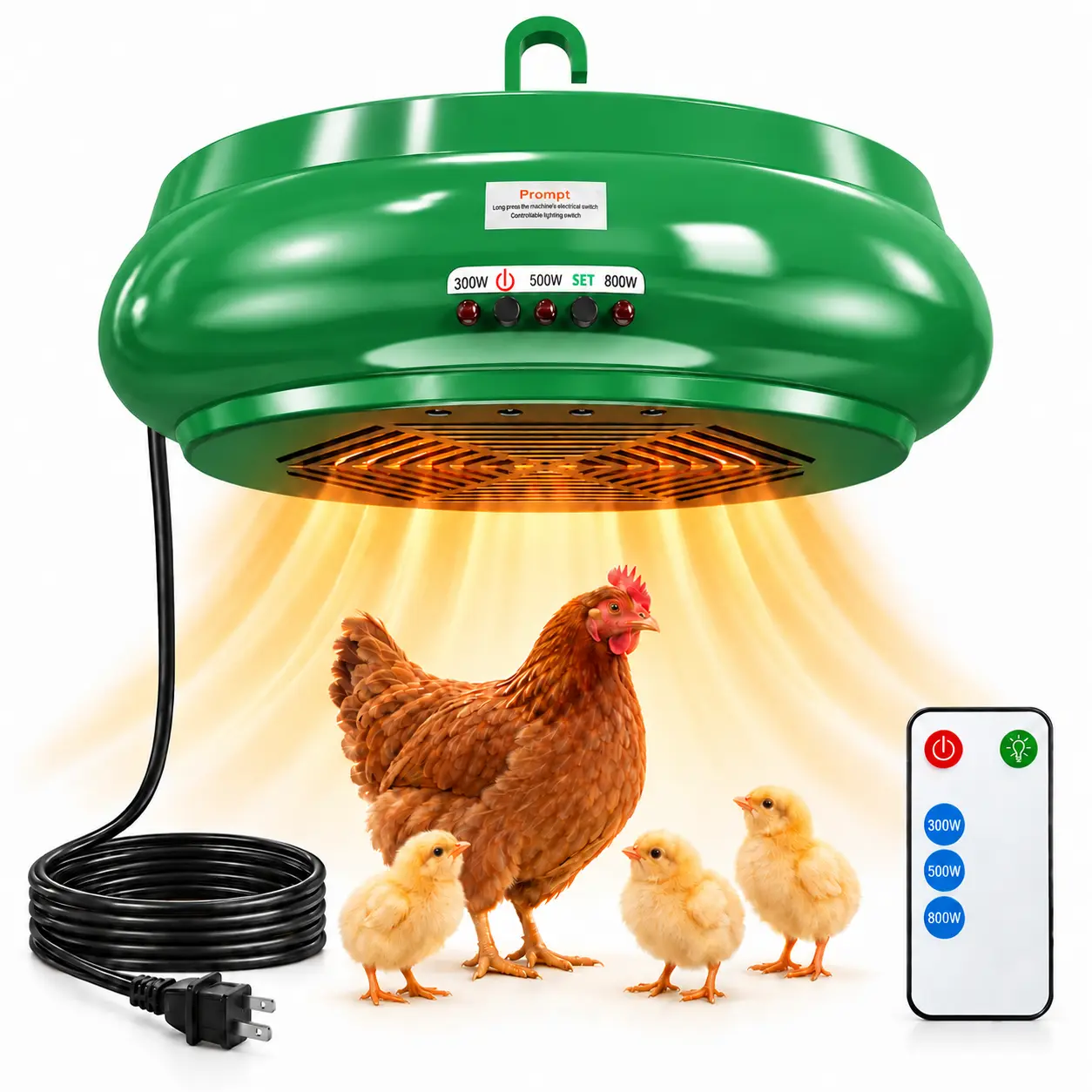 Hanging Chicken Coop Heater with Remote, 300W/500W/800W Adjustable Forced-Air Brooder Heater with Safety Shutoff and Memory Function for Chicks and Poultry