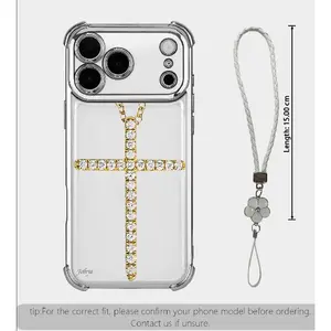 Diamond-Studded Gold Cross iPhone Case-Reinforced corners, electroplated finish, luxurious appearance, and protection against drops, shocks, and scratches. Compatible with iPhone 17/16/15/14 Pro Max |   Includes a four-color clover lanyard