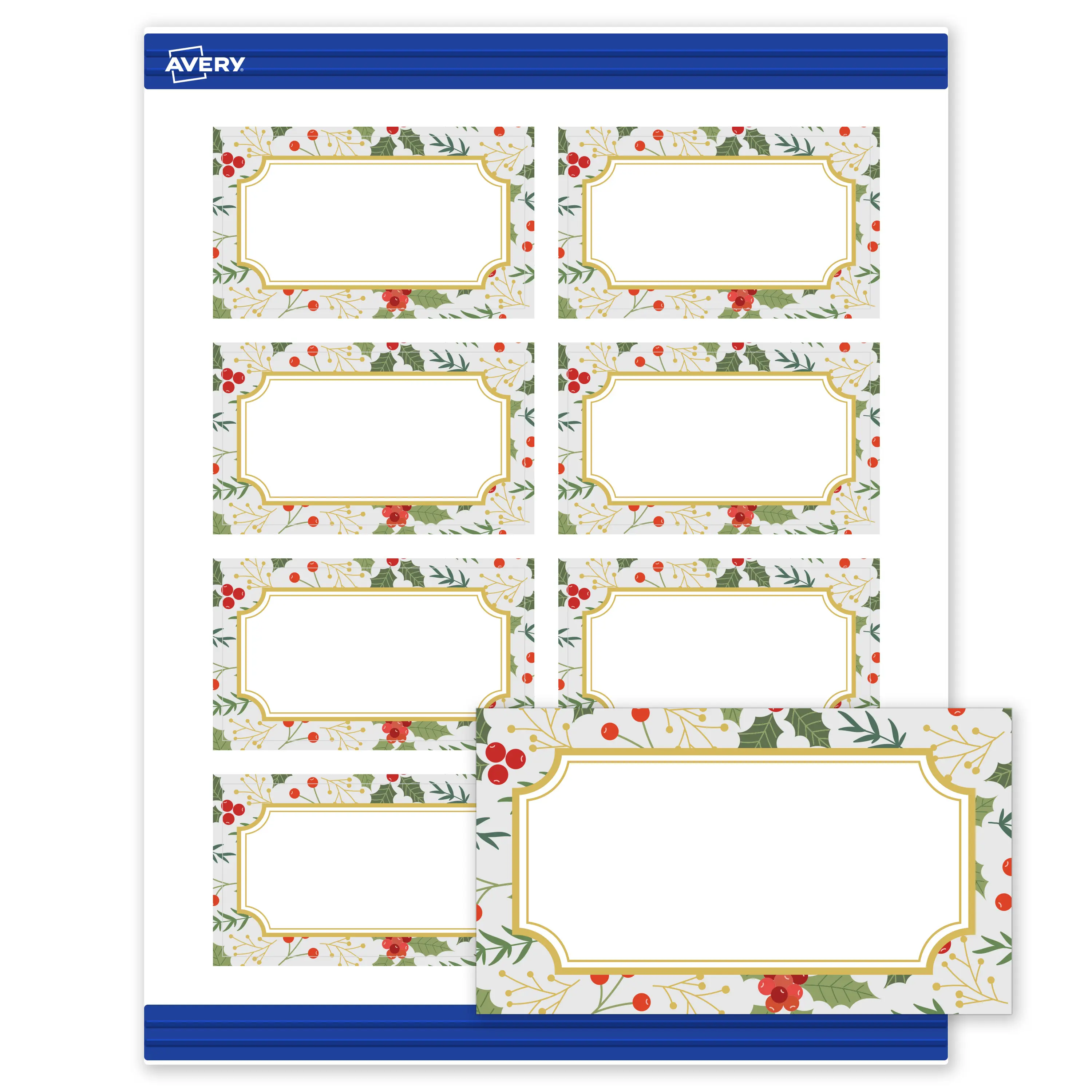 Avery® Printable Christmas Business Cards with Sure Feed® Technology, Rectangle, 2" x 3-1/2", Pre-Printed Light Blue Border with Metallic Gold Frame, Matte White, Laser & Inkjet Compatible, 80 Total