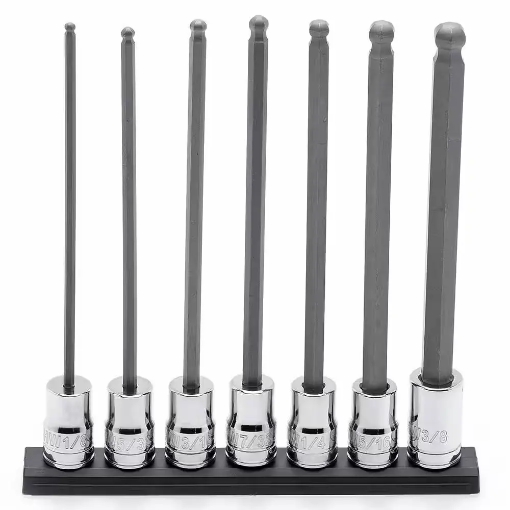 7 Piece SAE Long Ball Hex Bit Socket Set 3/8" Drive Cr-V Steel with Rail