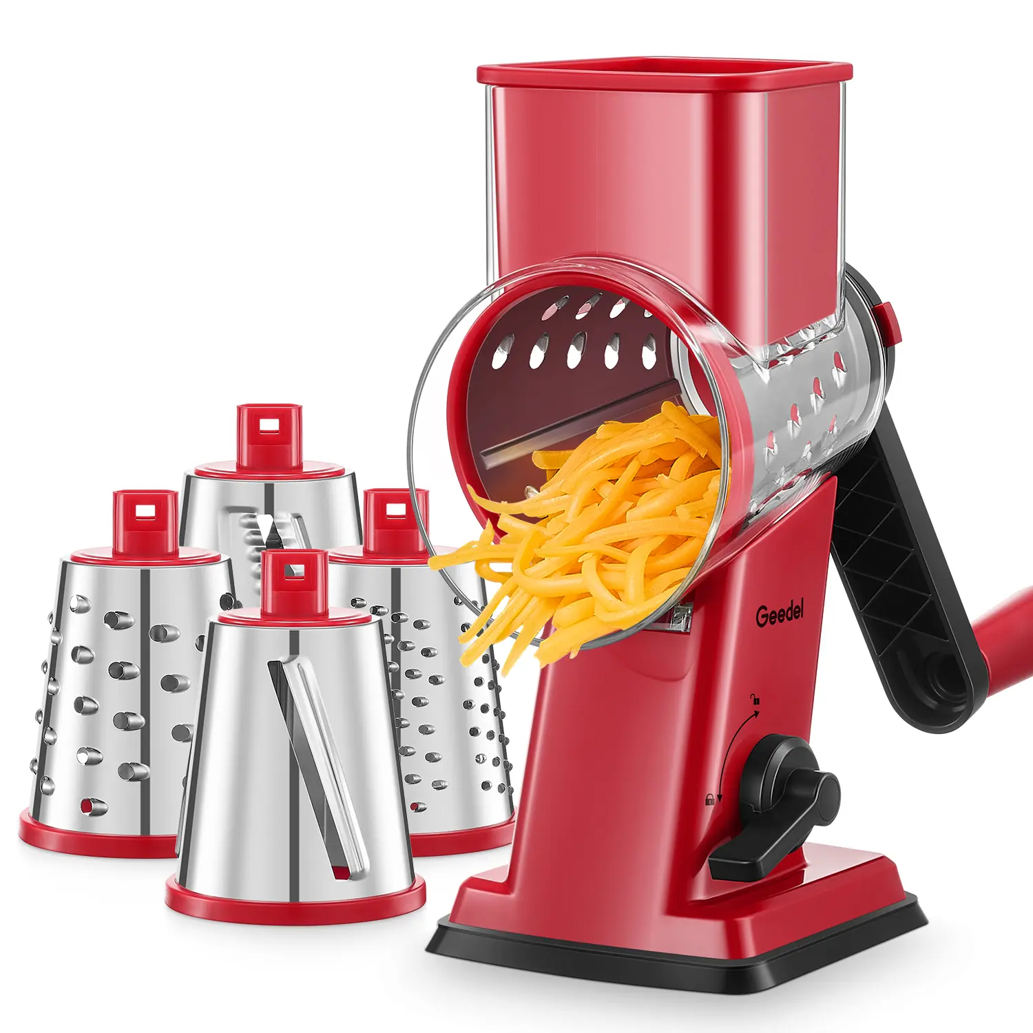 Geedel 4-in-1 Rotary Cheese Grater Shredder - BPA-Free Kitchen Gadget with Handle, Plastic Body, Reinforced Suction Cups, Stainless Steel Wavy Blades, Vegetable Slicer, Detachable Rack for Hassle-Free Customizable Flavor Prep (Red),home essentials,sohochi