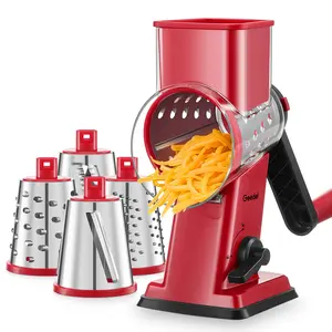 Geedel Rotary Cheese Grater 4-in-1 Shredder with Handle Durable Kitchen Tool Red Color Utensils for Effortless Cheese Preparation Vegetable Slicer Detachable Stainless Steel Blades Rack