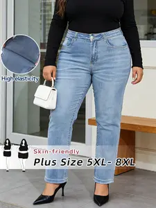 Plus Size Women's Basic Casual Everyday Loose Fit Straight Leg Denim Jeans, Elastic Fabric, Washed Look, All Seasons Wear, Available in 5xl-8xl