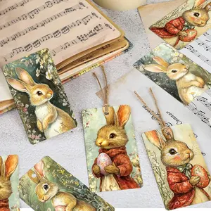 50pcs Vintage Cartoon Bunny Easter Gift Tags with Hemp Rope - Cute Rabbit & Eggs Holiday Hanging Labels for Presents, Gift Box, Candy Bag & Party Favor Decorations, Gift Wrapping Supplies, Beautiful Gift Box