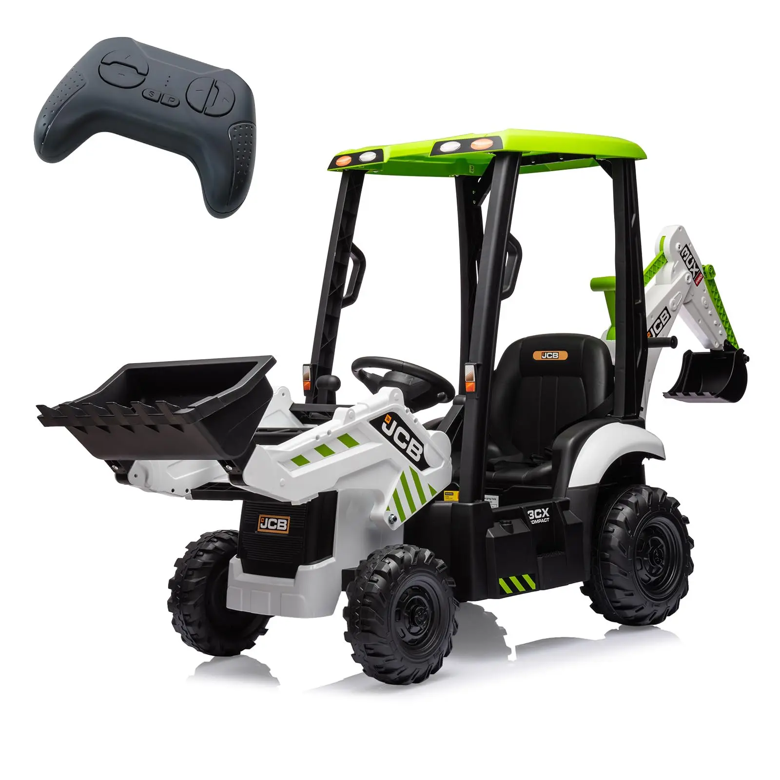 【Christmas Deal】GARVEE 4 in 1 Ride-On Excavator and Bulldozer Electric Vehicle for Kids, 12V with Remote Control, Front Loader, Digger, Horn, Adjustable Seat, and Excavator Ride-On Car Toy in White