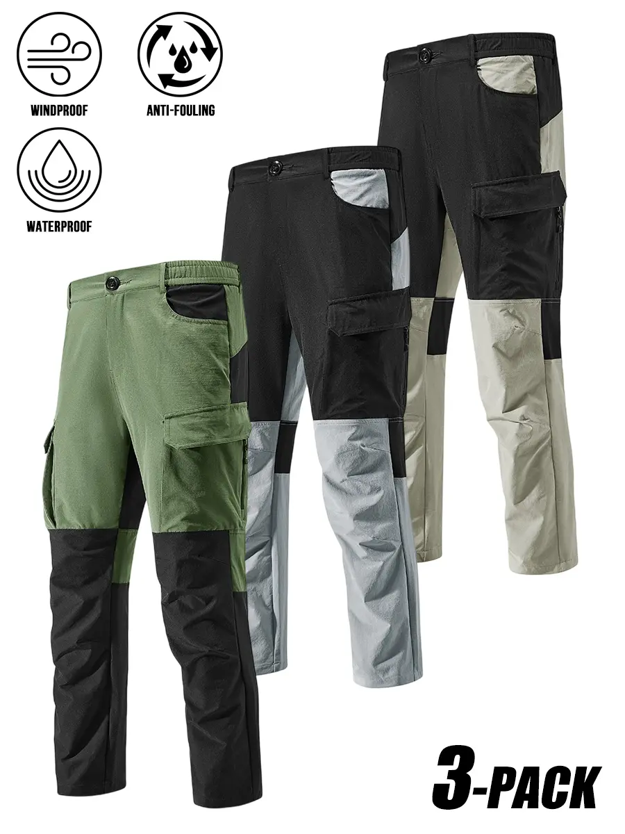 3-PACK Men Color Block Multi Cargo Pocket Tactical Hiking Pants, 3-proof windproof waterproof anti-fouling fabric, stretch straight leg zip pockets outdoor climbing trekking work combat trousers