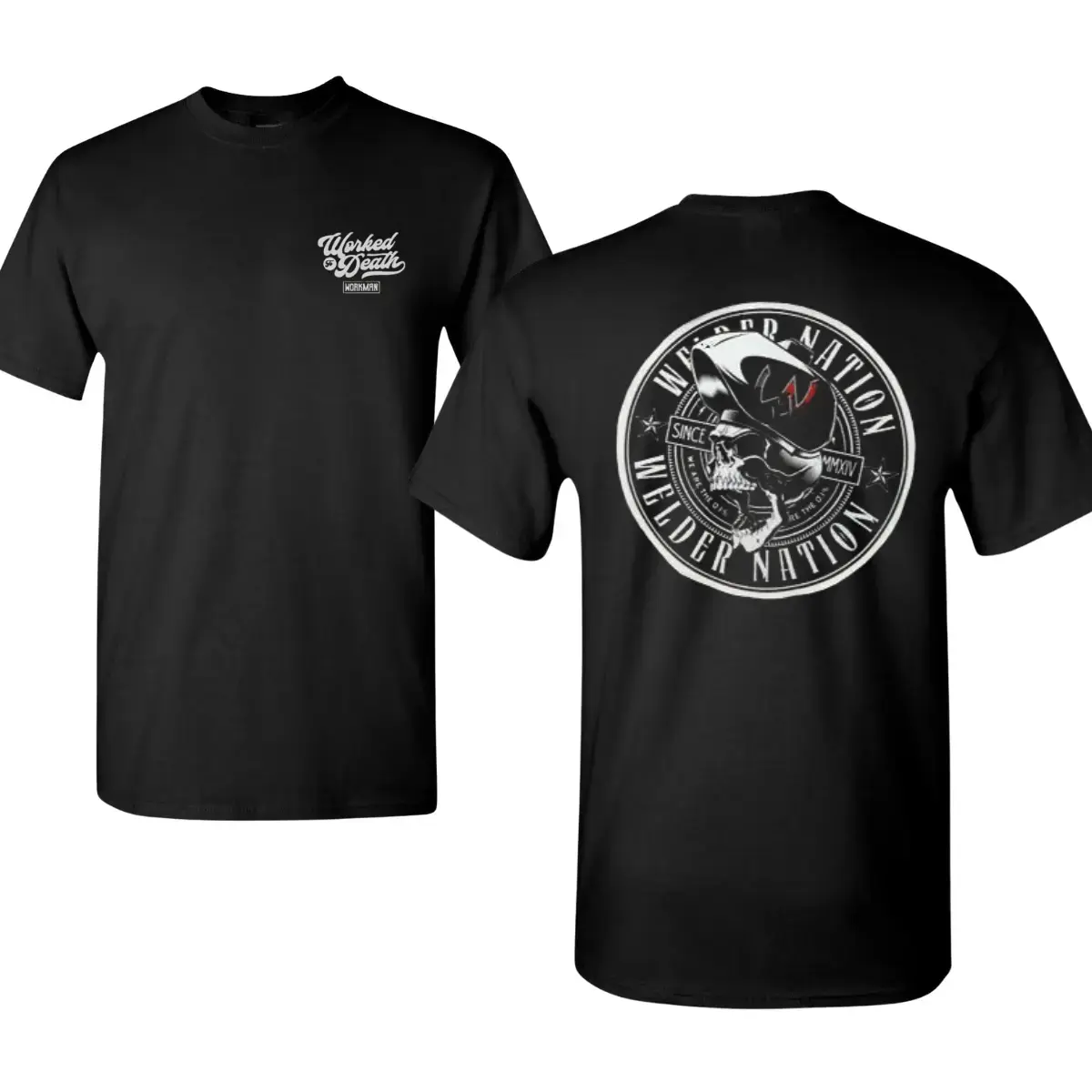 Men's Casual Shortsleeve Round Neck Tshirt - Welder Nation Streetwear Menswear, Skull Welding Helmet Badge Graphic, Front "Worked to Death" Print, 2-Side Design, Soft Cotton All-Season Workwear for Proud American Welders