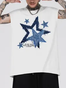 Distressed Denim Star Patch Oversized Polyester Muscle Tank Top for Men | TikTok Trendy Graphic Streetwear Athletic Gym Fitness Top – Clean White & Indigo Design, Breathable Polyester Fabric, Loose Fit Perfect for Summer Casual Wear,