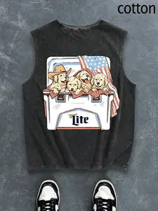 Men's Regular Fit Dog & Ice Cream Print Tank Top, Casual Comfy Breathable Sleeveless Top for Summer, Fashion Men's Clothes for Daily Wear, Cotton Tank Tops, Graphic Sleeveless Vest, Socks