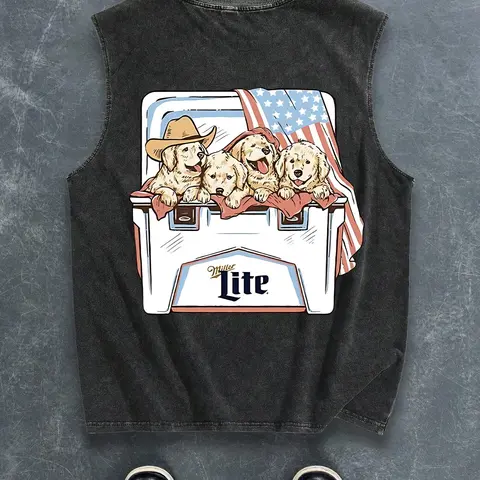 Men's Regular Fit Dog & Ice Cream Print Tank Top, Casual Comfy Breathable Sleeveless Printed Top for Summer, Fashion Men's Clothes for Daily Wear, Cotton Tank Tops, Graphic Sleeveless Vest, Cotton Fitted Tanks, Socks