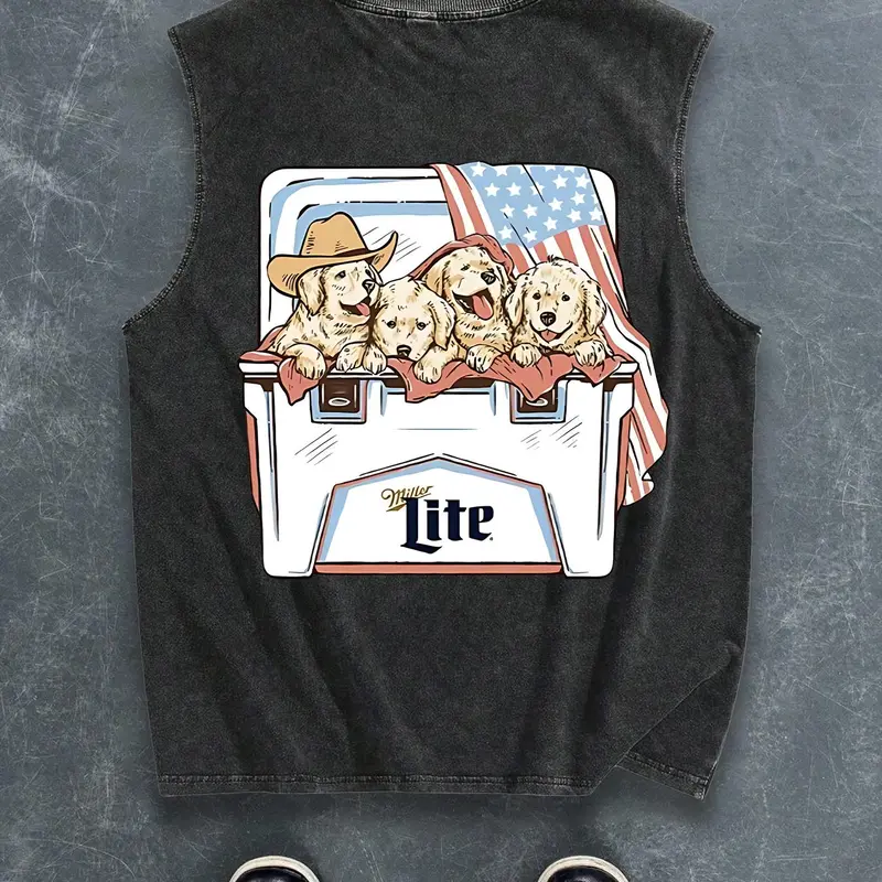 Men's Regular Fit Dog & Ice Cream Print Tank Top, Casual Comfy Breathable Sleeveless Printed Top for Summer, Fashion Men's Clothes for Daily Wear, Cotton Tank Tops, Graphic Sleeveless Vest, Cotton Fitted Tanks, Socks