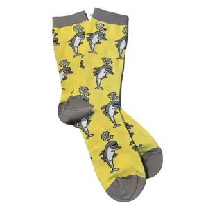 Volleyball Dolphin Crew Socks - Yellow with Gray Feet, Socks with Dolphin Graphic Design