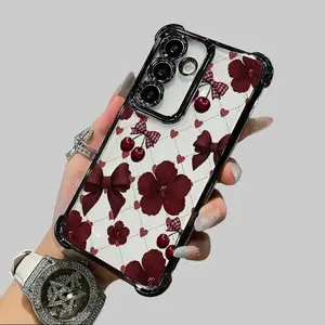 Trendy Cherry Floral Whimsy Pattern, Four Corner Drop Protection & Scratch Resistant, Electroplated Transparent Soft TPU Cover-Phone Case for 17/16/15/14/13/12/11 Series (Pro, Pro Max & Standard)&Samsung Galaxy S23/S26 Ultra/S24 Plus/S25/S22