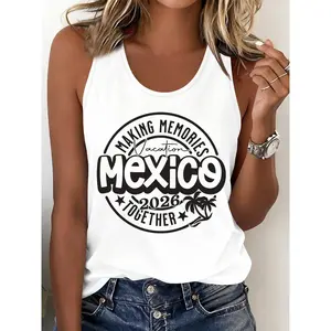 Women'S Cool Summer Tank Top, Casual Vacation Style Letter Print Sleeveless Vest, Trendy And Individual Round Neck Top