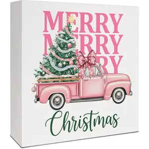 Pink Christmas Truck Wooden Box Sign, Preppy Christmas Home Decor, Coquette Xmas Tree Pickup Truck Wood Signs for Bedroom Dorm Home Office Desk Table Shelf Decorations, 5x5 Inch